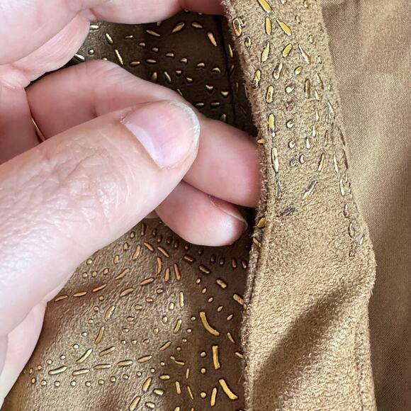 VTG Chicos Blazer Large Vegan Suede Tan embroidered Paisley Bohemian Open Front - Picture 9 of 10